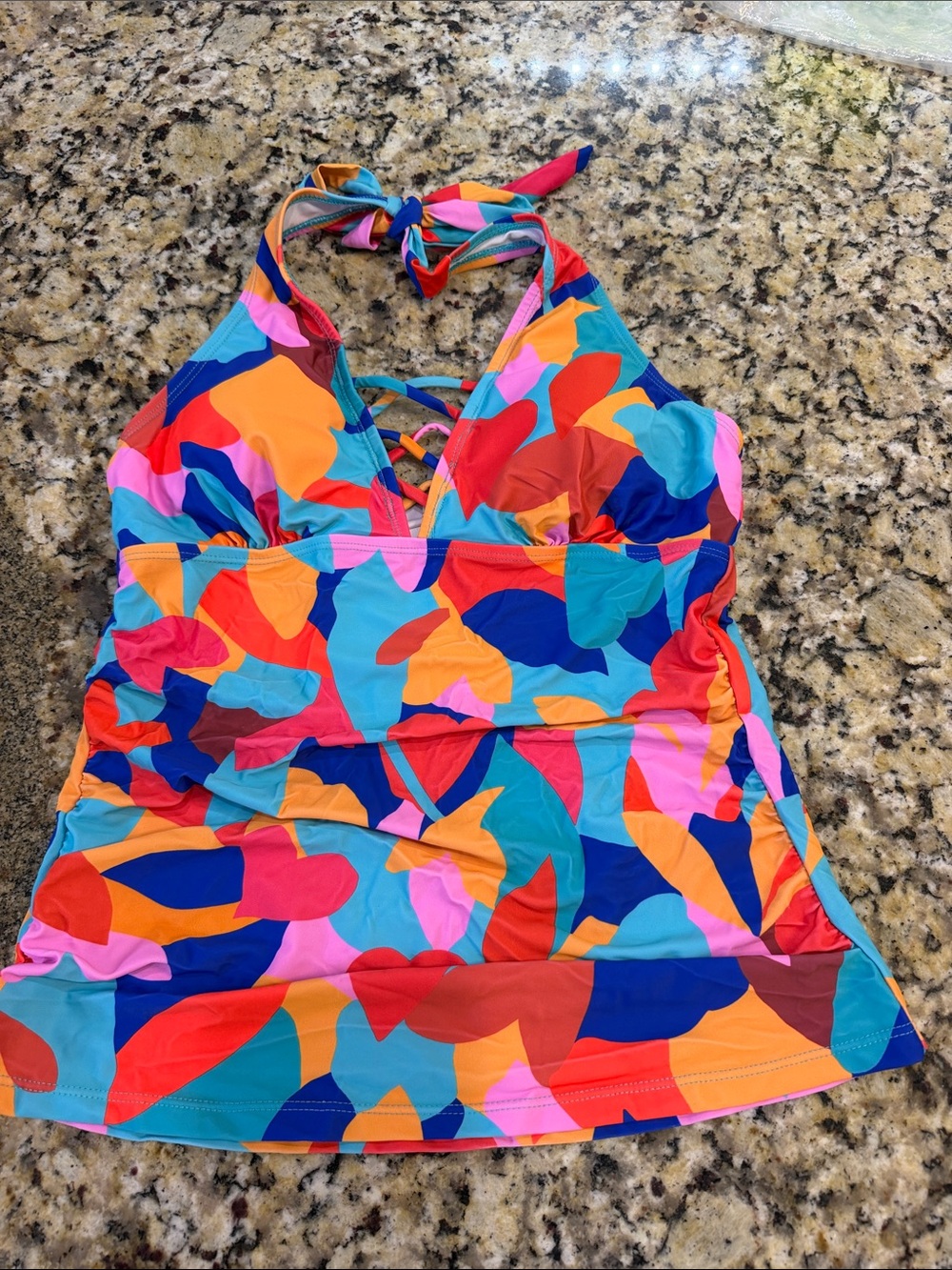 Multicolor Abstract Halter Tankini Top - Vibrant Leaf Print